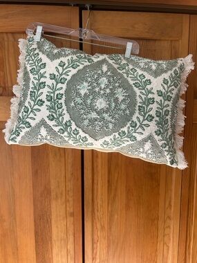 White and Sage Green Embroidered Decorative Pillow